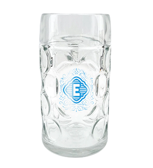 Eckhart Beer Co. glass beer stein for Oktoberfest with logo in blue
