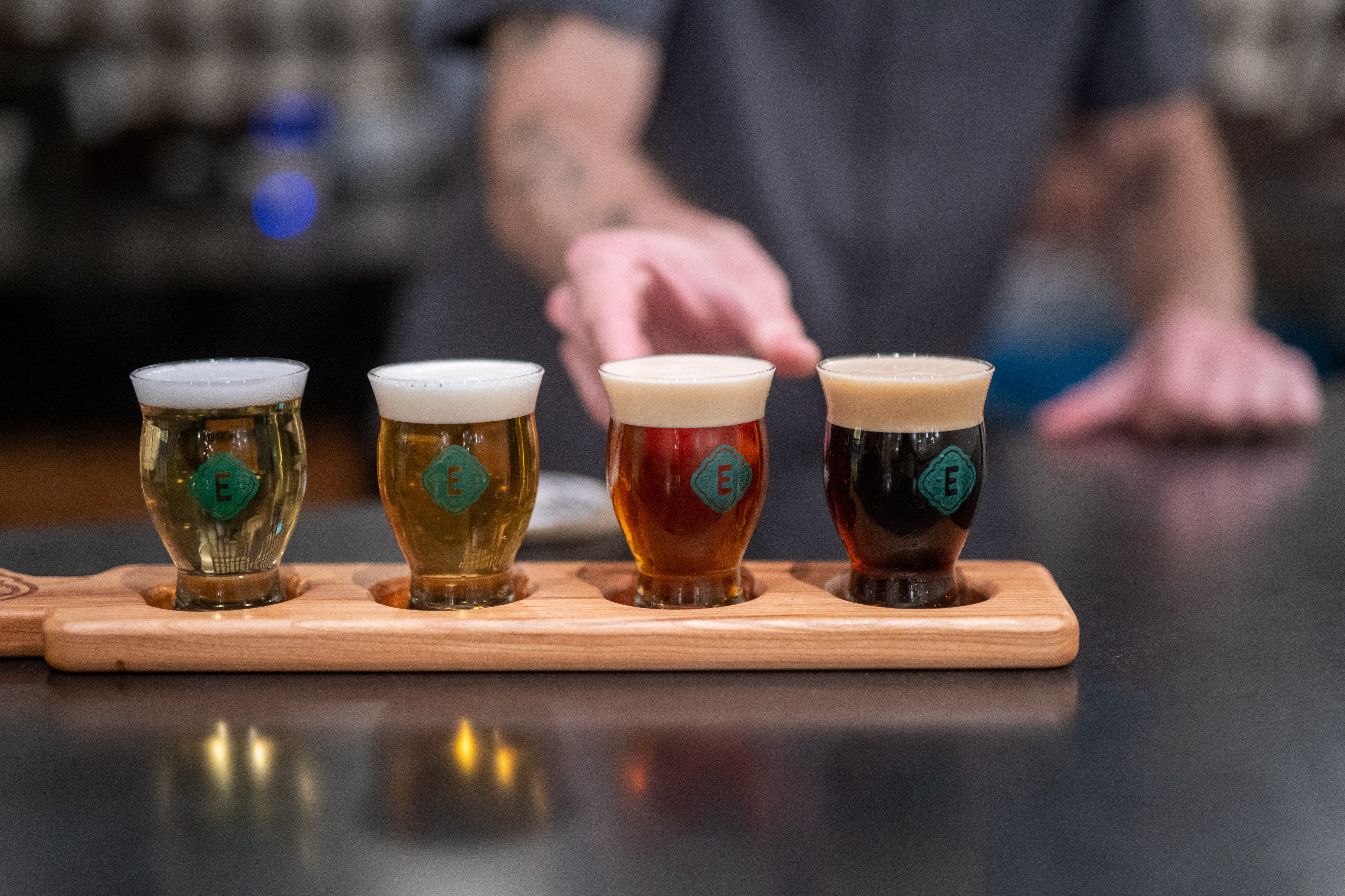 Flight of four Eckhart Beer Co. beers served at the taproom bar