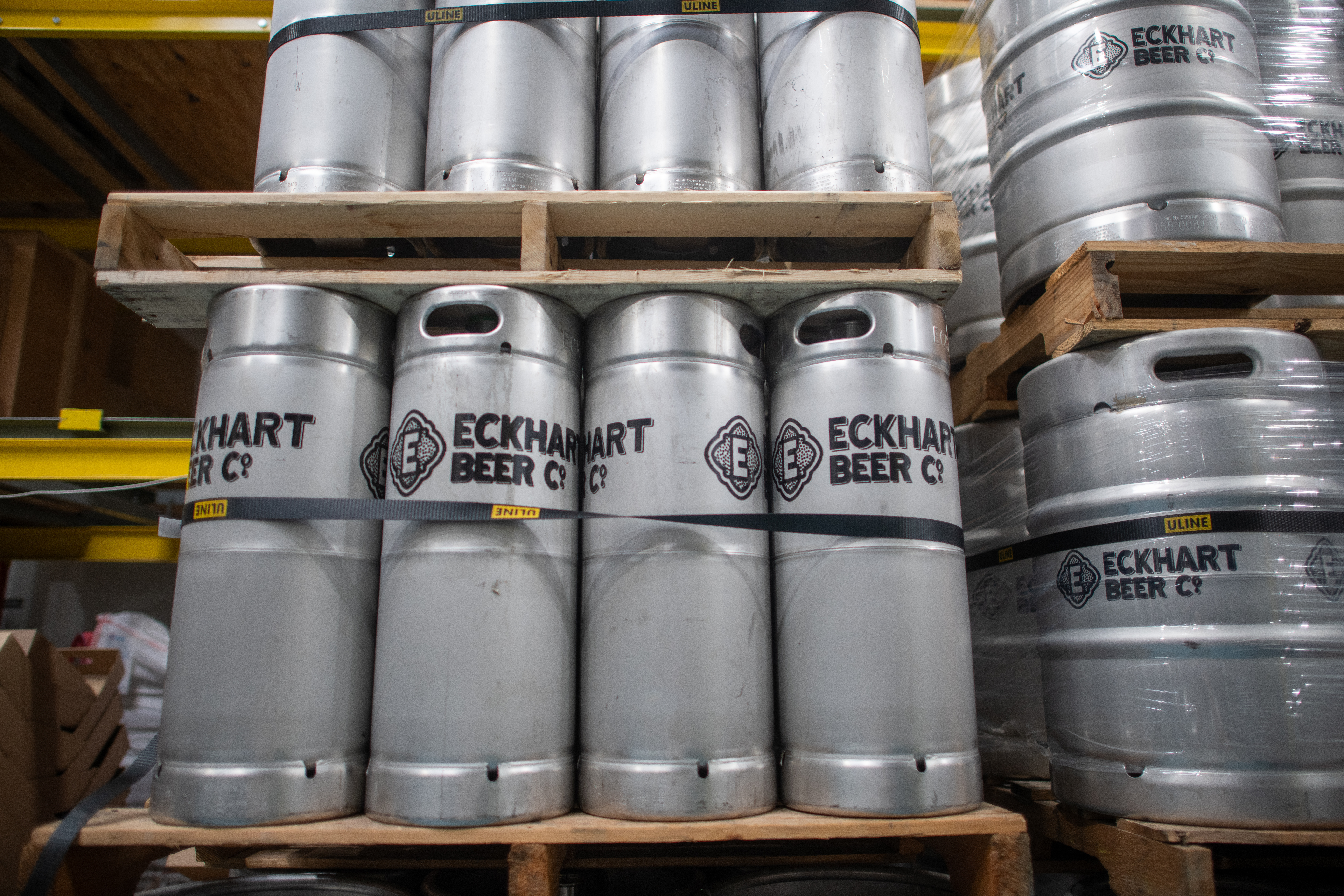 Eckhart Beer Co. kegs stacked in the Bushwick brewery warehouse.